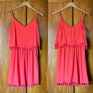 Xhileration V-neck Spaghetti Strap Tasseled Shift Dress - Coral Orange